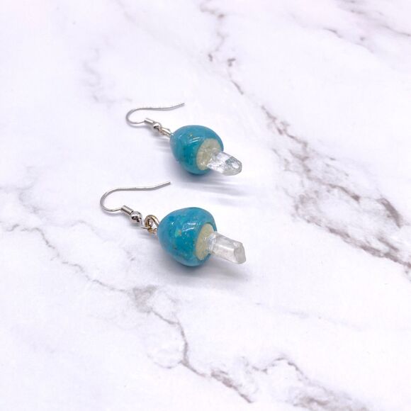 Blue Mushroom Quartz Crystal Dangle wire hook polymer Clay Earrings - Picture 2 of 10